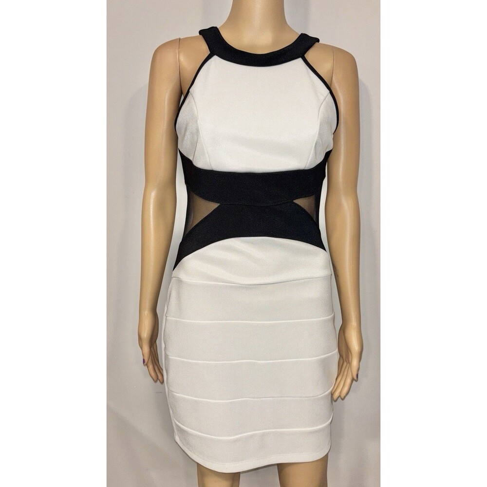 Crystal Doll Black & White Mesh Colorblock Bandage Bodycon Mini Dress Sz S